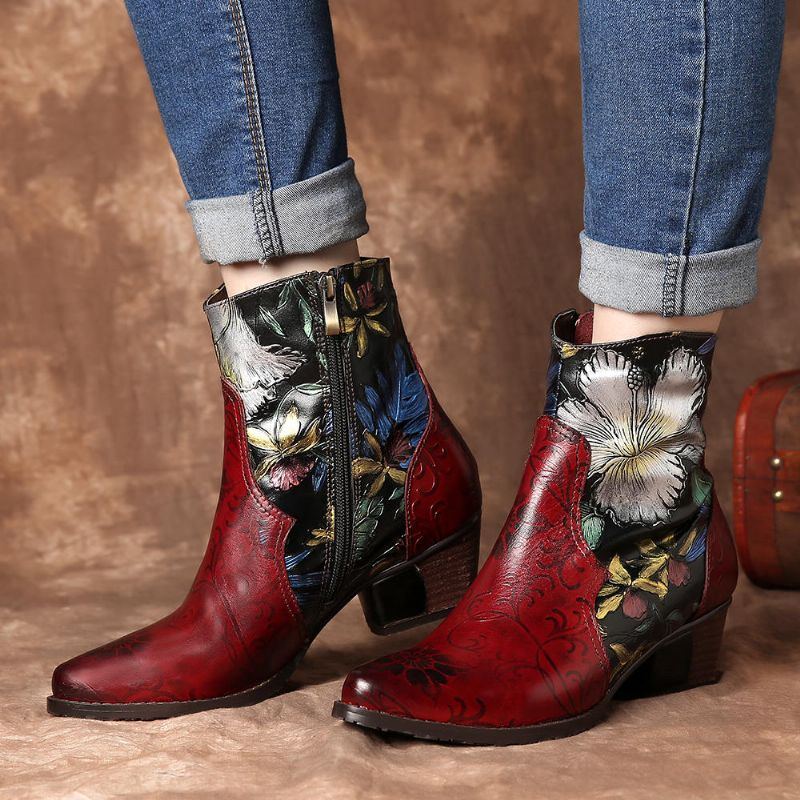 Damen Stiefeletten Aus Leder Mit Retro Prägung Und Blumennähten