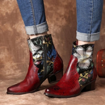 Damen Stiefeletten Aus Leder Mit Retro Prägung Und Blumennähten