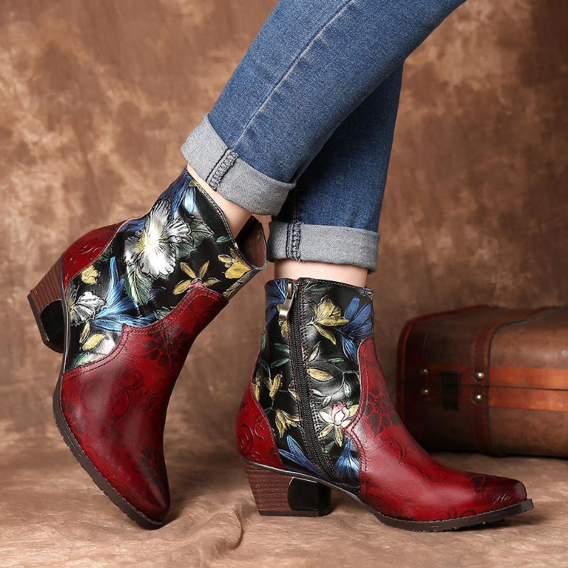 Damen Stiefeletten Aus Leder Mit Retro Prägung Und Blumennähten