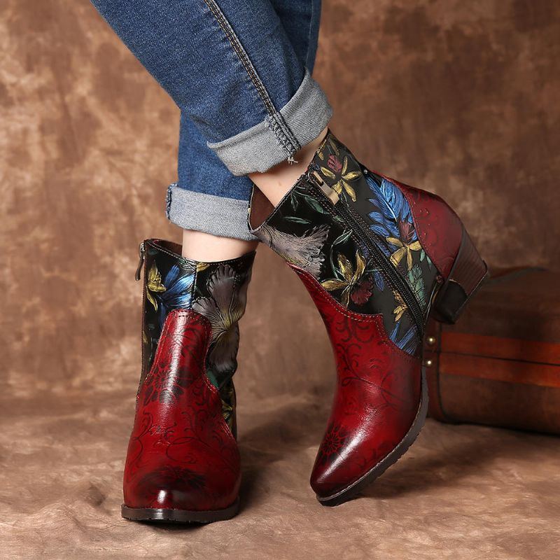 Damen Stiefeletten Aus Leder Mit Retro Prägung Und Blumennähten