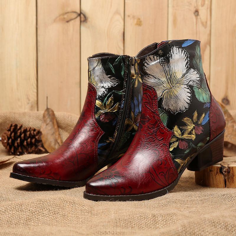 Damen Stiefeletten Aus Leder Mit Retro Prägung Und Blumennähten