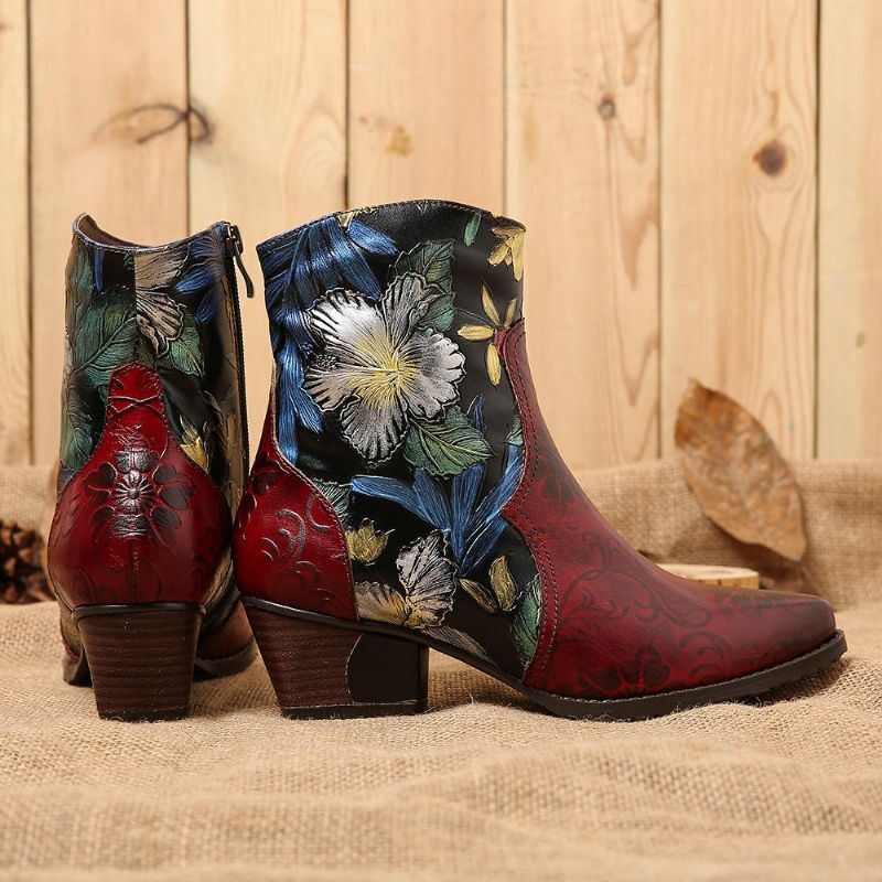 Damen Stiefeletten Aus Leder Mit Retro Prägung Und Blumennähten