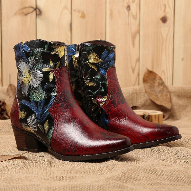 Damen Stiefeletten Aus Leder Mit Retro Prägung Und Blumennähten