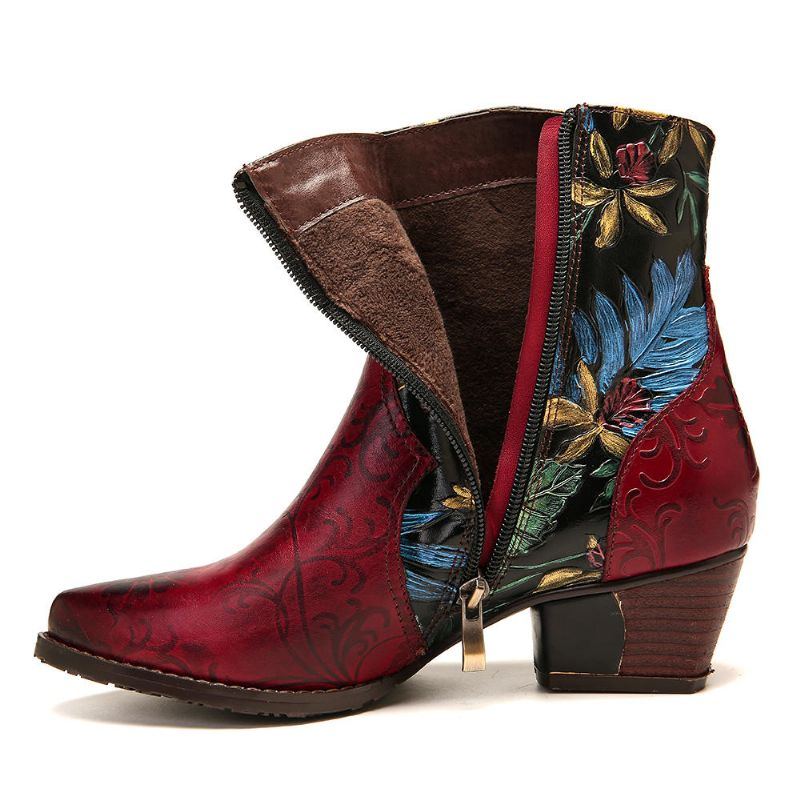 Damen Stiefeletten Aus Leder Mit Retro Prägung Und Blumennähten