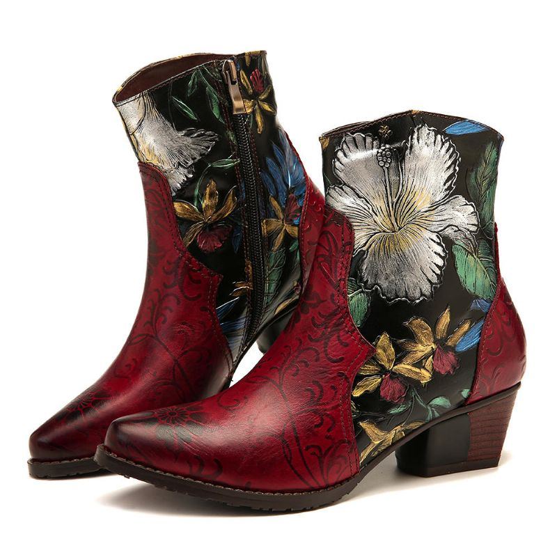 Damen Stiefeletten Aus Leder Mit Retro Prägung Und Blumennähten