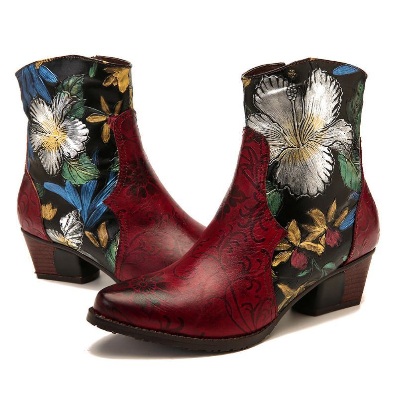 Damen Stiefeletten Aus Leder Mit Retro Prägung Und Blumennähten