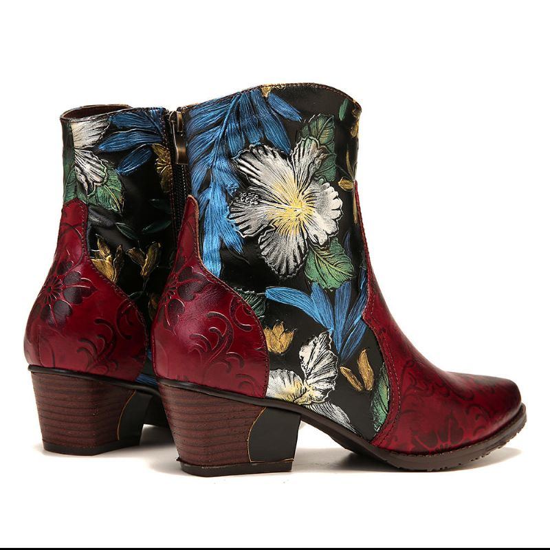 Damen Stiefeletten Aus Leder Mit Retro Prägung Und Blumennähten