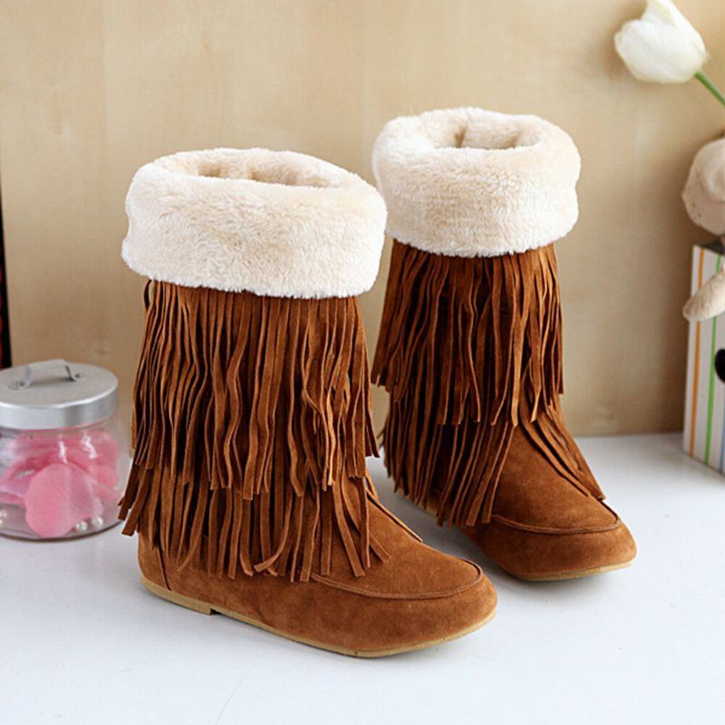 Damen Troddelstiefel Warme Fluff Flanging Mid Waden Schneestiefel