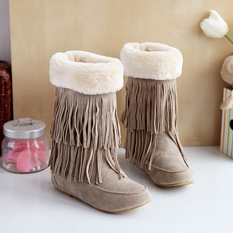 Damen Troddelstiefel Warme Fluff Flanging Mid Waden Schneestiefel