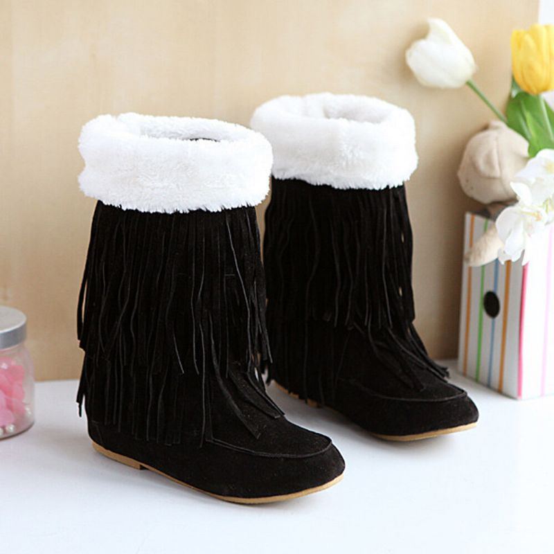 Damen Troddelstiefel Warme Fluff Flanging Mid Waden Schneestiefel