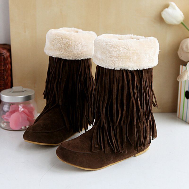 Damen Troddelstiefel Warme Fluff Flanging Mid Waden Schneestiefel