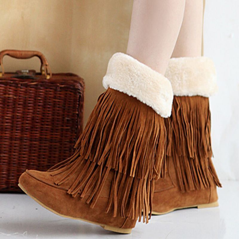 Damen Troddelstiefel Warme Fluff Flanging Mid Waden Schneestiefel