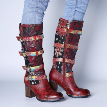 Damen Vintage Stiefel Aus Echtem Leder Mit Prägung Und Metallschnalle