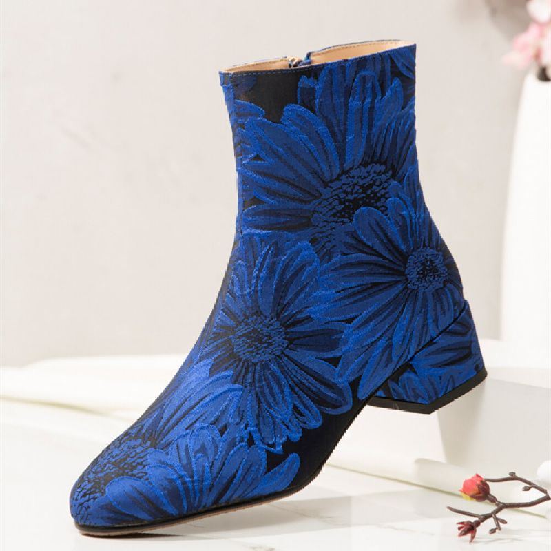 Damenmode Blumen Bedruckter Satin Bequeme Warme Seitenreißverschluss Chunky Heel Short Boots