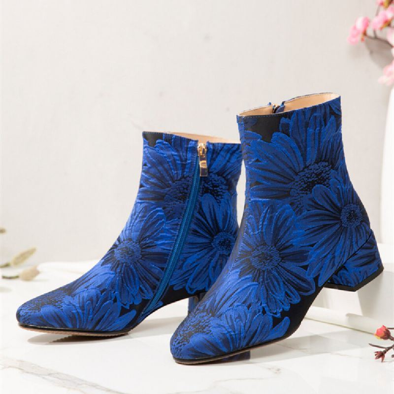 Damenmode Blumen Bedruckter Satin Bequeme Warme Seitenreißverschluss Chunky Heel Short Boots