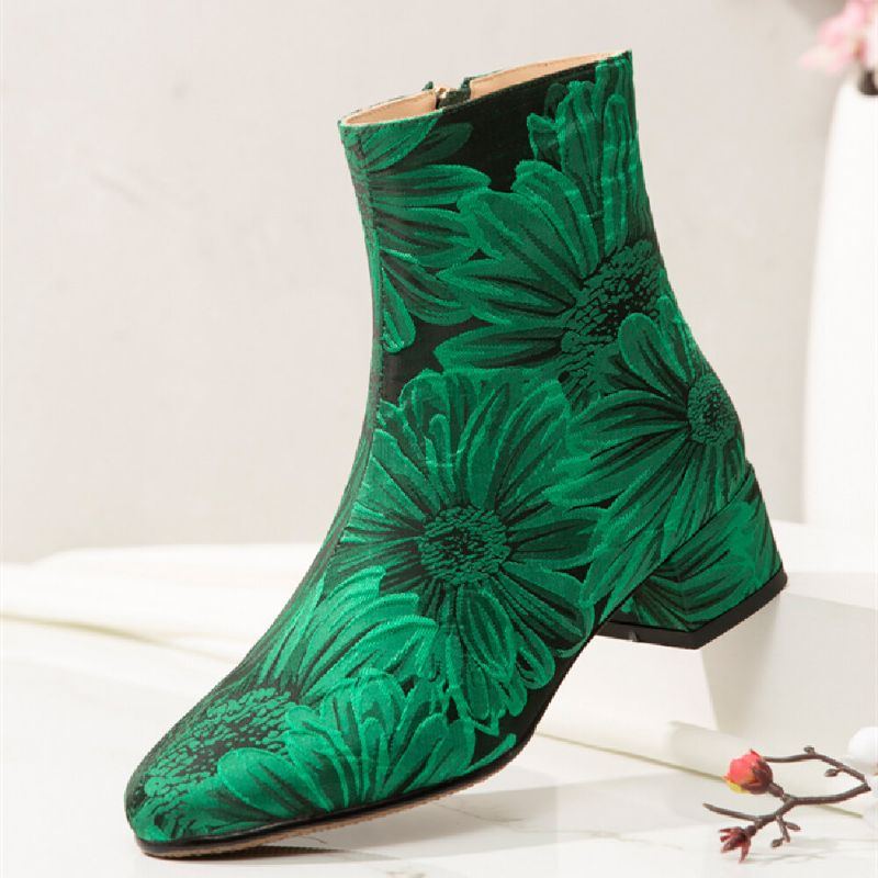 Damenmode Blumen Bedruckter Satin Bequeme Warme Seitenreißverschluss Chunky Heel Short Boots