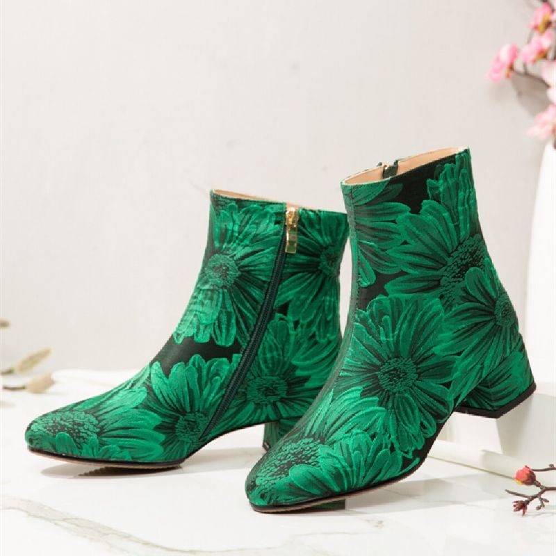 Damenmode Blumen Bedruckter Satin Bequeme Warme Seitenreißverschluss Chunky Heel Short Boots