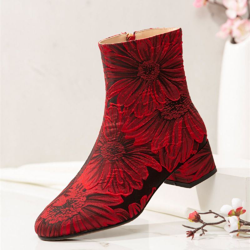 Damenmode Blumen Bedruckter Satin Bequeme Warme Seitenreißverschluss Chunky Heel Short Boots