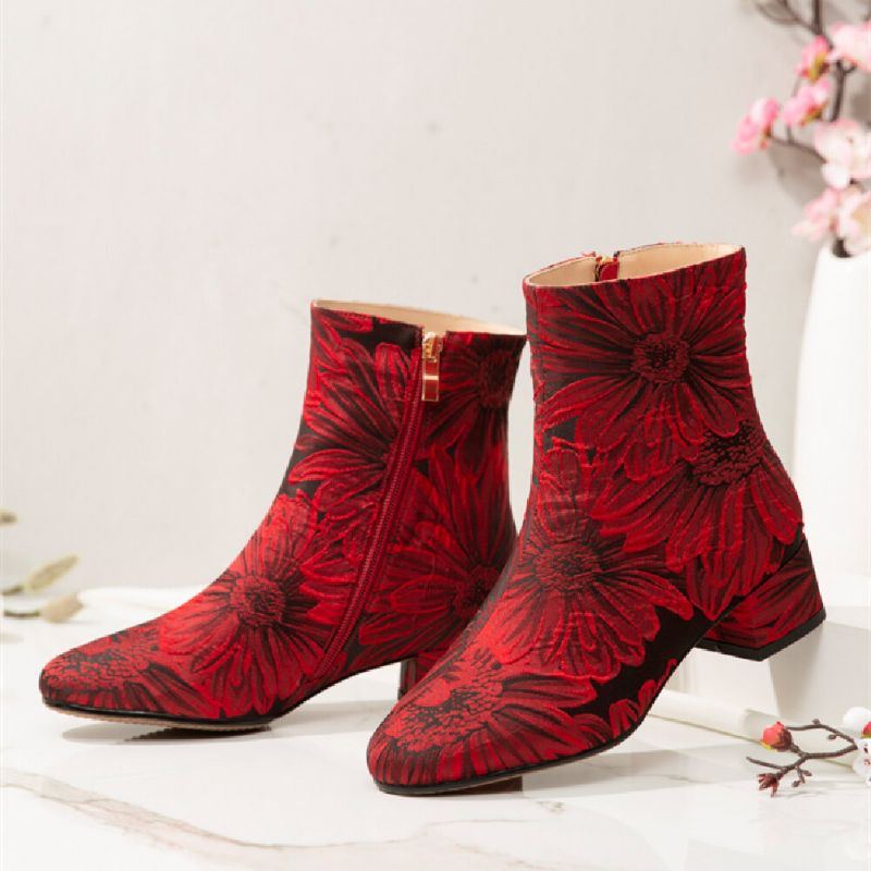 Damenmode Blumen Bedruckter Satin Bequeme Warme Seitenreißverschluss Chunky Heel Short Boots