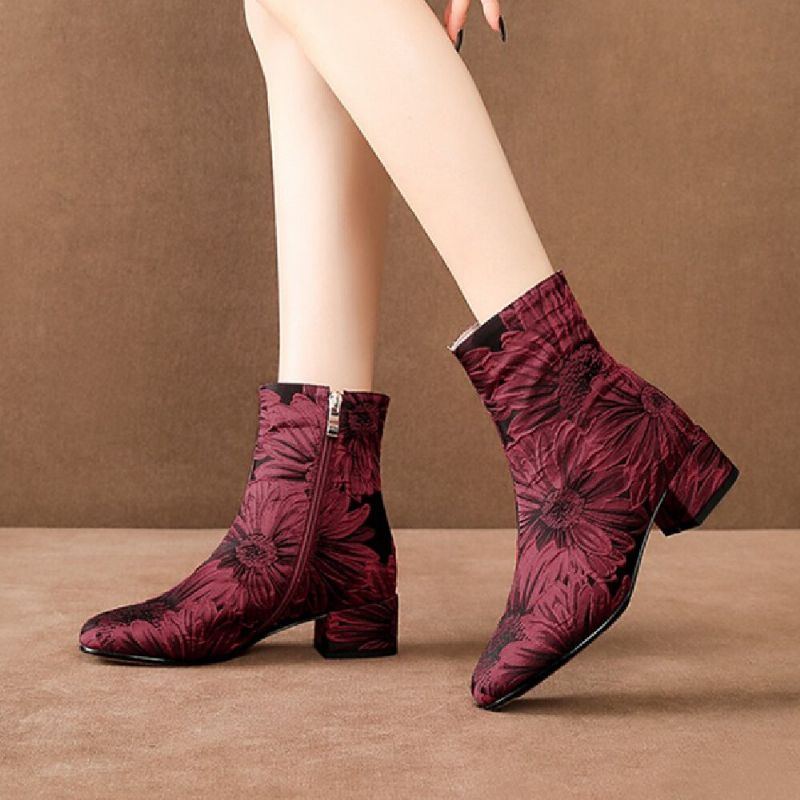 Damenmode Blumen Bedruckter Satin Bequeme Warme Seitenreißverschluss Chunky Heel Short Boots