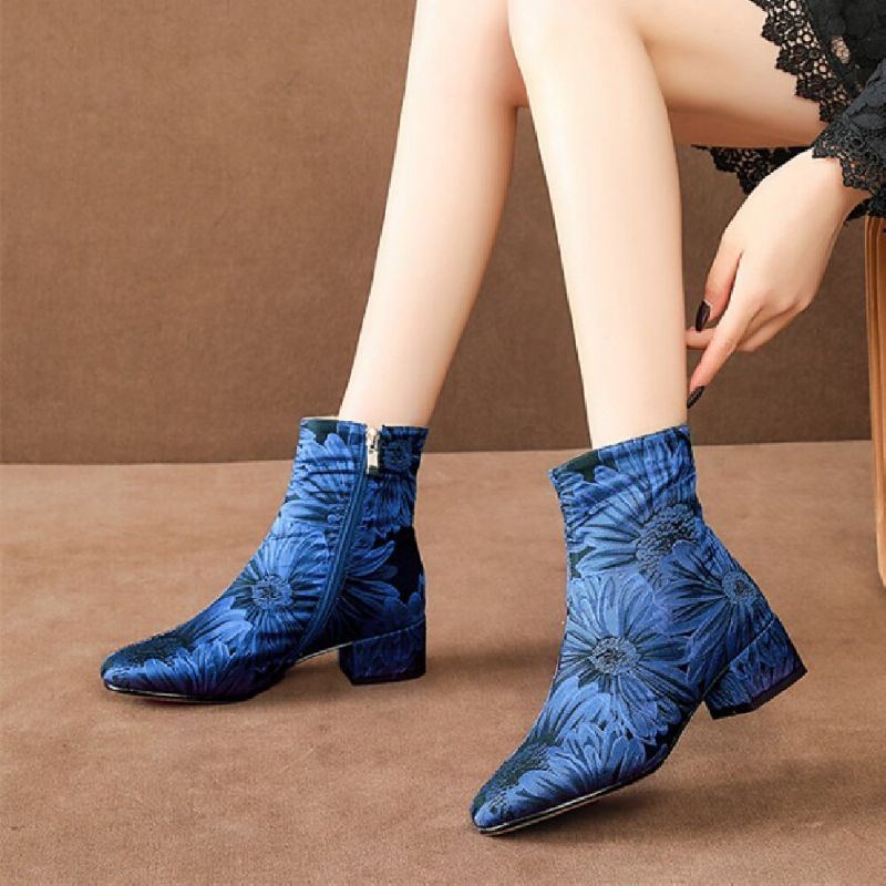 Damenmode Blumen Bedruckter Satin Bequeme Warme Seitenreißverschluss Chunky Heel Short Boots