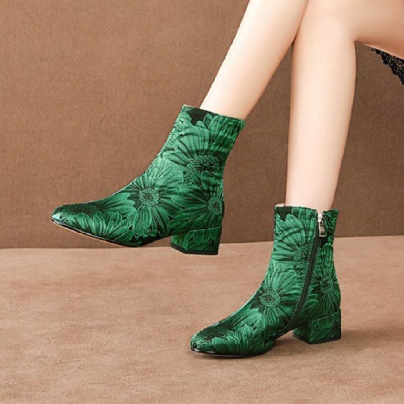 Damenmode Blumen Bedruckter Satin Bequeme Warme Seitenreißverschluss Chunky Heel Short Boots