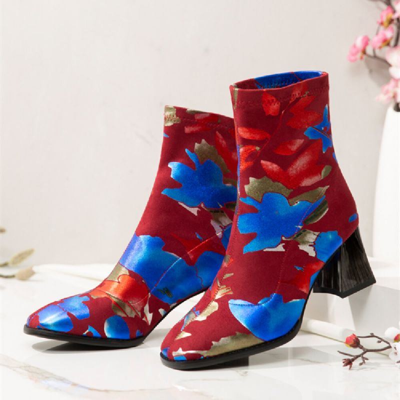 Damenmode Blumen Gedruckt Wildleder Warm Gefüttert Elastische Slip On Kurze Stiefel Mit Klobigem Absatz