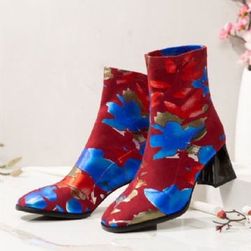 Damenmode Blumen Gedruckt Wildleder Warm Gefüttert Elastische Slip On Kurze Stiefel Mit Klobigem Absatz