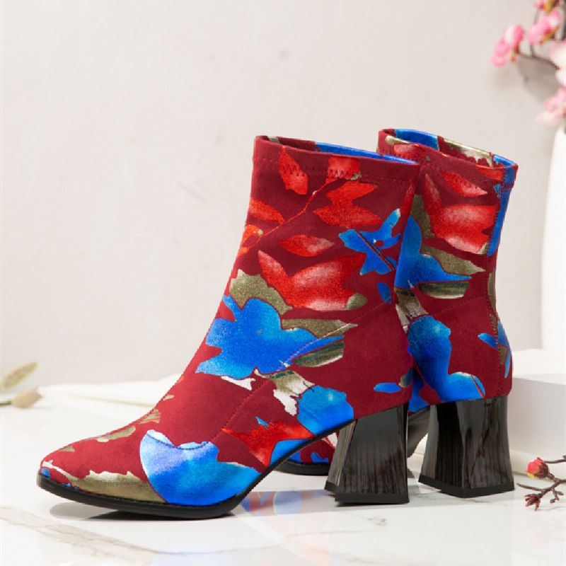 Damenmode Blumen Gedruckt Wildleder Warm Gefüttert Elastische Slip On Kurze Stiefel Mit Klobigem Absatz