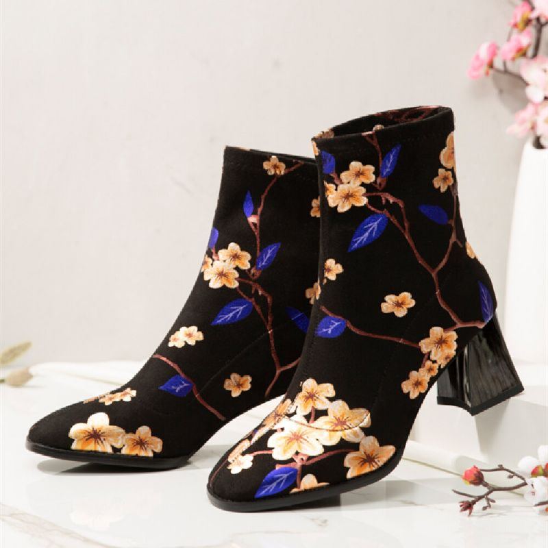 Damenmode Blumen Gedruckt Wildleder Warm Gefüttert Elastische Slip On Kurze Stiefel Mit Klobigem Absatz