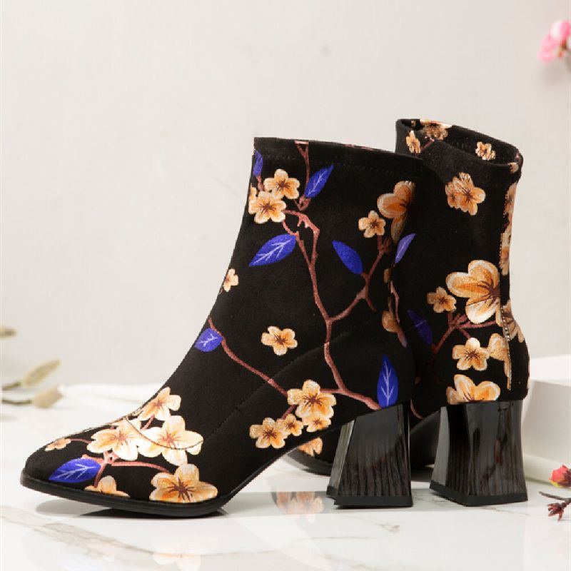 Damenmode Blumen Gedruckt Wildleder Warm Gefüttert Elastische Slip On Kurze Stiefel Mit Klobigem Absatz