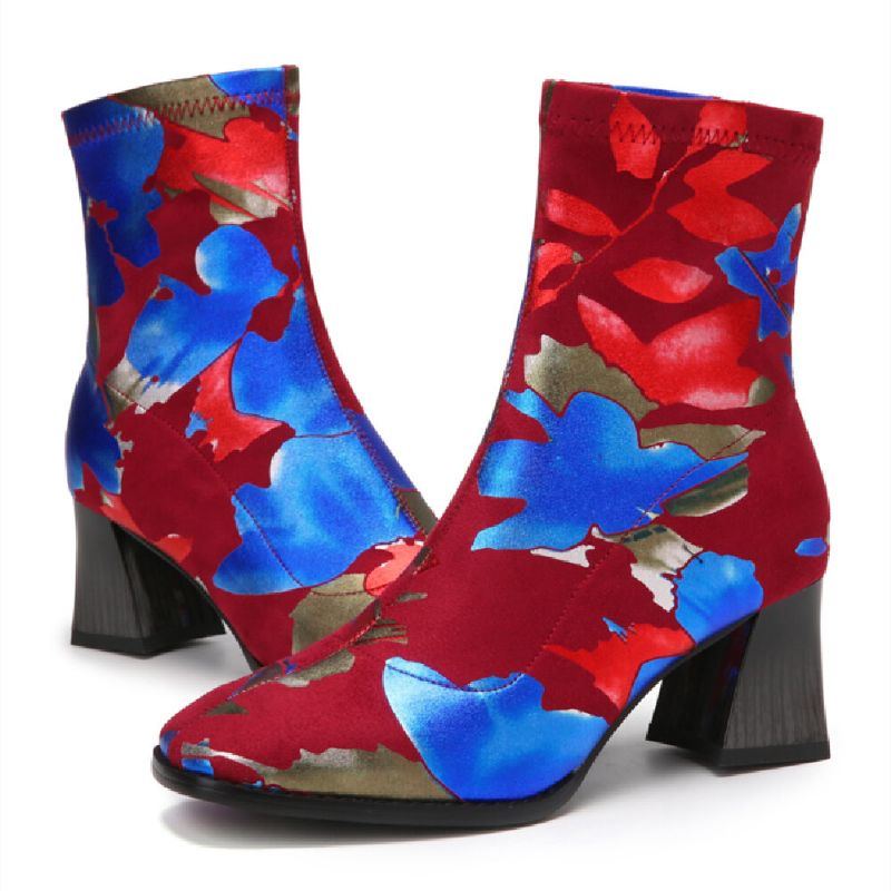 Damenmode Blumen Gedruckt Wildleder Warm Gefüttert Elastische Slip On Kurze Stiefel Mit Klobigem Absatz