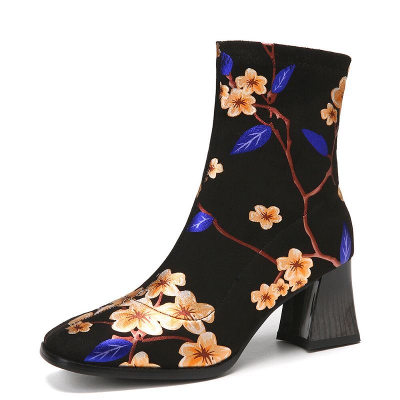 Damenmode Blumen Gedruckt Wildleder Warm Gefüttert Elastische Slip On Kurze Stiefel Mit Klobigem Absatz