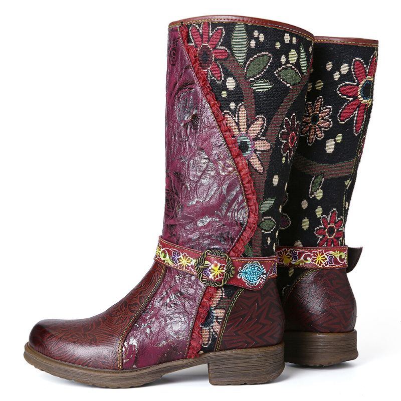 Damenstiefel Mit Gespleißtem Blumenmuster Spitze Schnalle Deko Reißverschluss Wadenmitte Blockabsatz