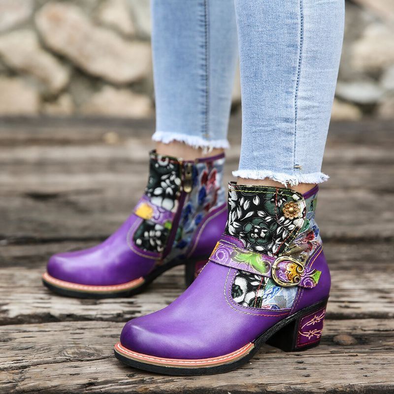 Elegante Blumenstoffspleißen Für Damen Bequeme Echtes Leder Tragbare Stiefeletten Mit Klobigem Absatz