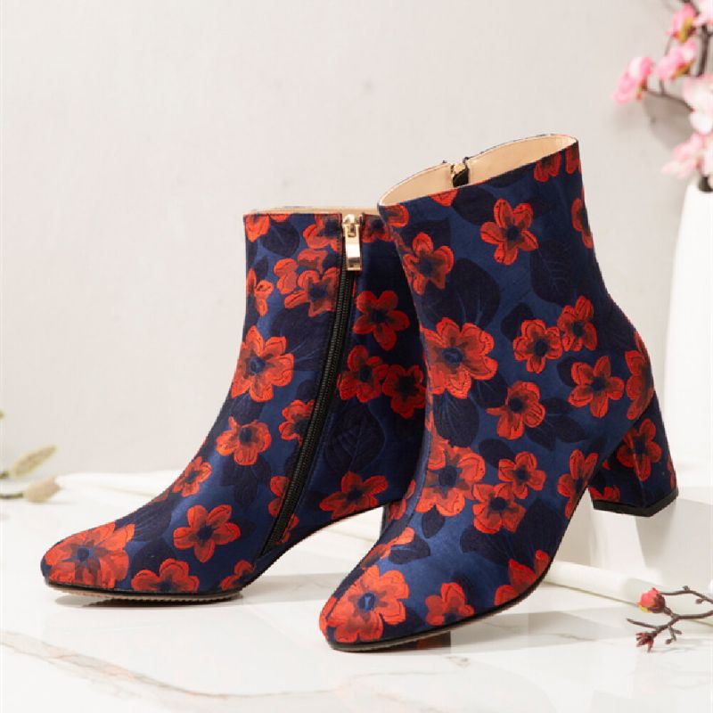 Elegante Damen Stiefel Aus Satin Mit Blumenmuster Und Bequemem Reißverschluss An Der Seite