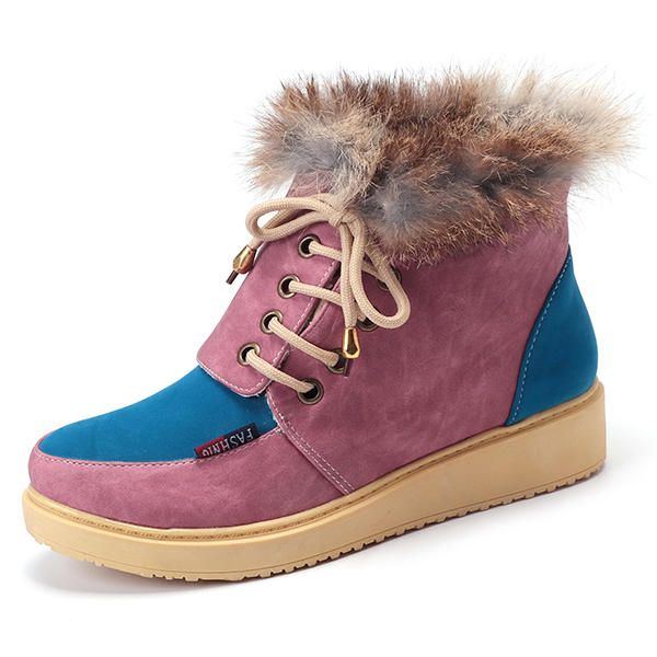 Flache Damen Schnürstiefel Für Den Winter Mit Fellfutter Und Warmhalten Aus Baumwoll Knöchel Schneestiefeln