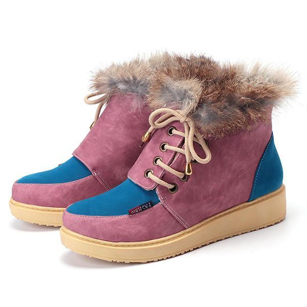 Flache Damen Schnürstiefel Für Den Winter Mit Fellfutter Und Warmhalten Aus Baumwoll Knöchel Schneestiefeln