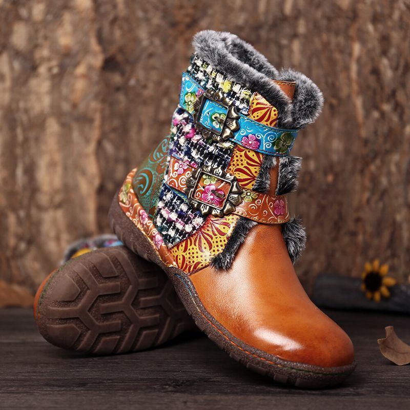 Flache Damenstiefel Aus Superweichem Echtem Leder Mit Bunten Nähten Und Warmem Futter