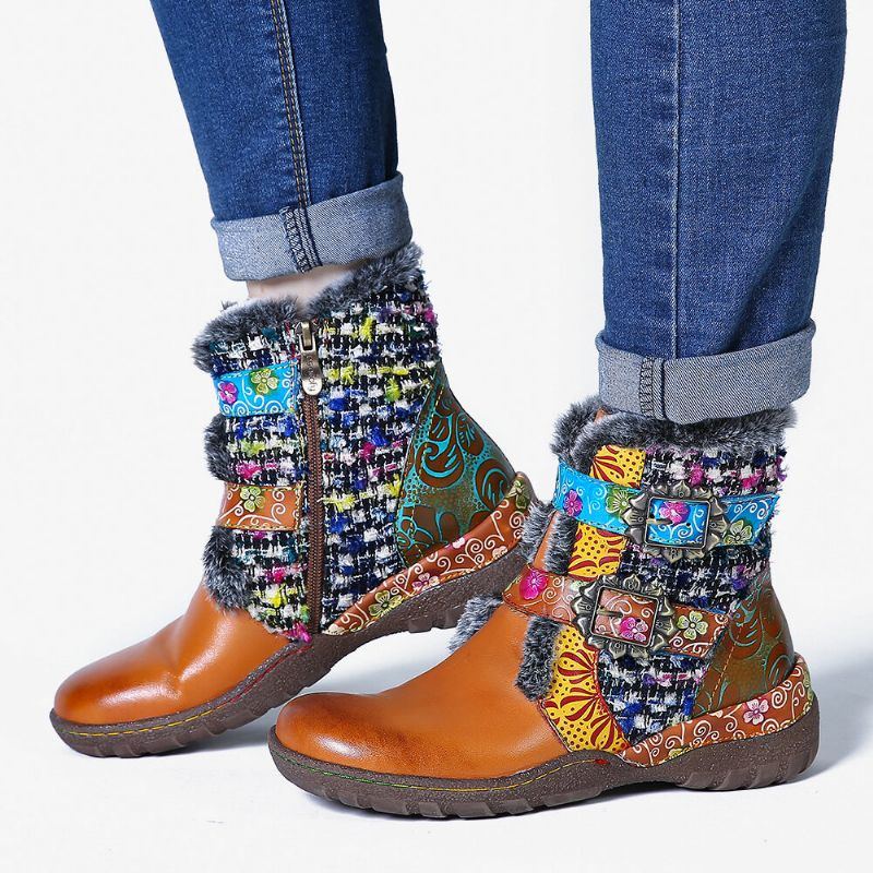 Flache Damenstiefel Aus Superweichem Echtem Leder Mit Bunten Nähten Und Warmem Futter