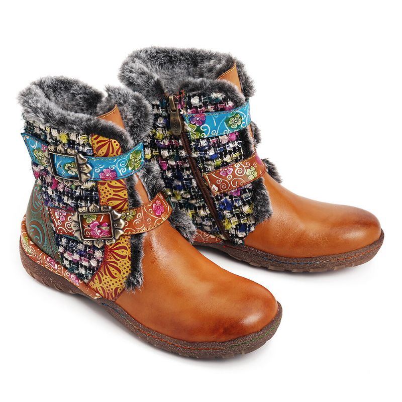 Flache Damenstiefel Aus Superweichem Echtem Leder Mit Bunten Nähten Und Warmem Futter