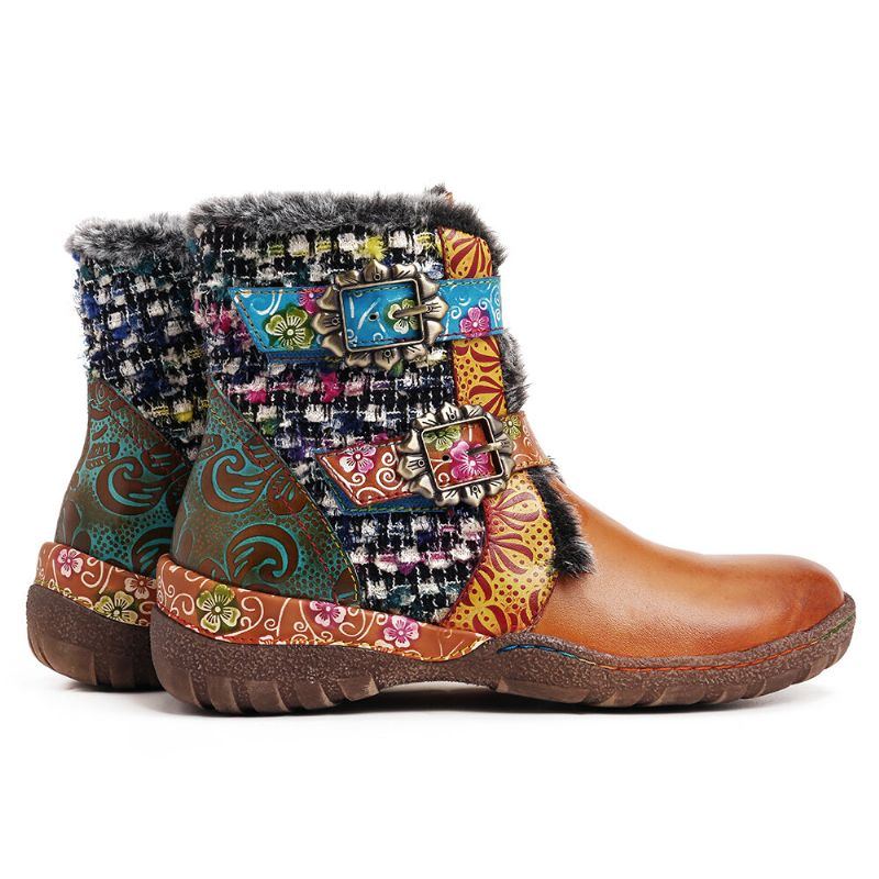 Flache Damenstiefel Aus Superweichem Echtem Leder Mit Bunten Nähten Und Warmem Futter