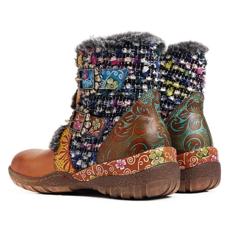 Flache Damenstiefel Aus Superweichem Echtem Leder Mit Bunten Nähten Und Warmem Futter