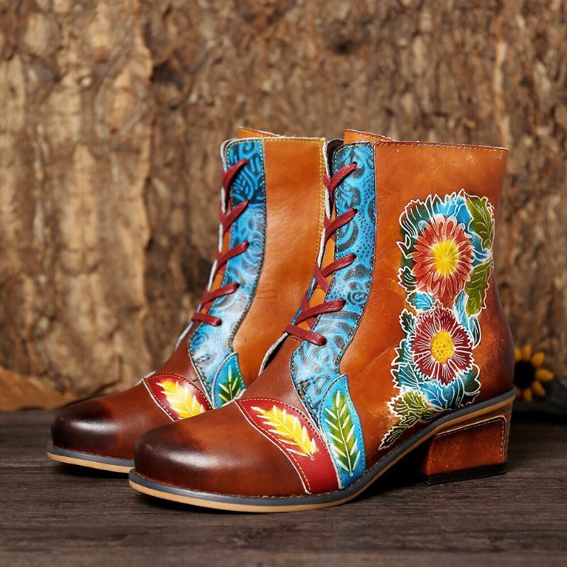 Flache Kurze Stiefel Aus Echtem Leder Mit Retro Blumenmuster Und Geprägten Nähten Für Damen