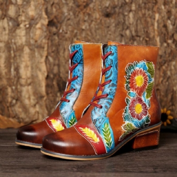 Flache Kurze Stiefel Aus Echtem Leder Mit Retro Blumenmuster Und Geprägten Nähten Für Damen