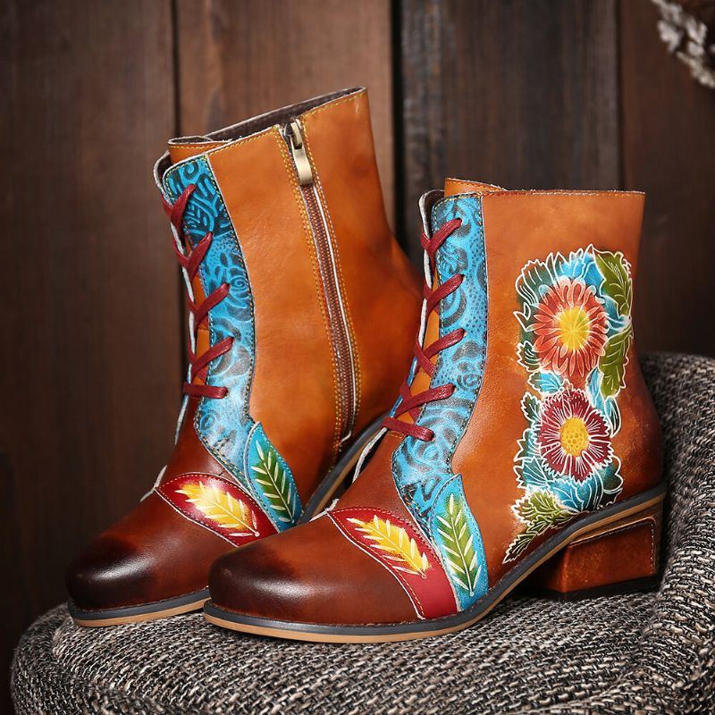 Flache Kurze Stiefel Aus Echtem Leder Mit Retro Blumenmuster Und Geprägten Nähten Für Damen