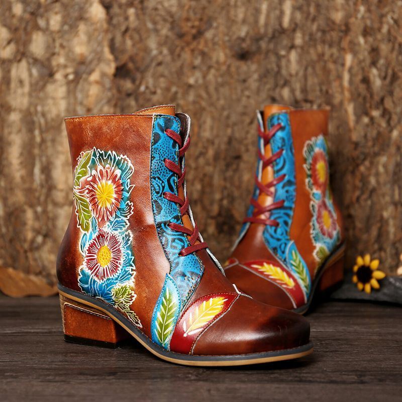 Flache Kurze Stiefel Aus Echtem Leder Mit Retro Blumenmuster Und Geprägten Nähten Für Damen