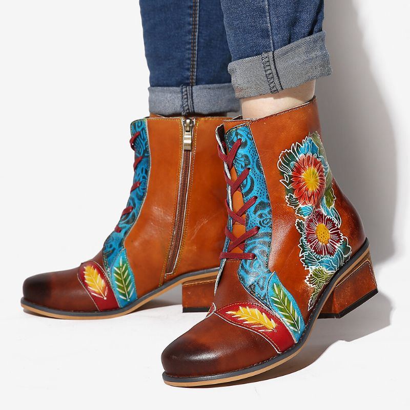 Flache Kurze Stiefel Aus Echtem Leder Mit Retro Blumenmuster Und Geprägten Nähten Für Damen