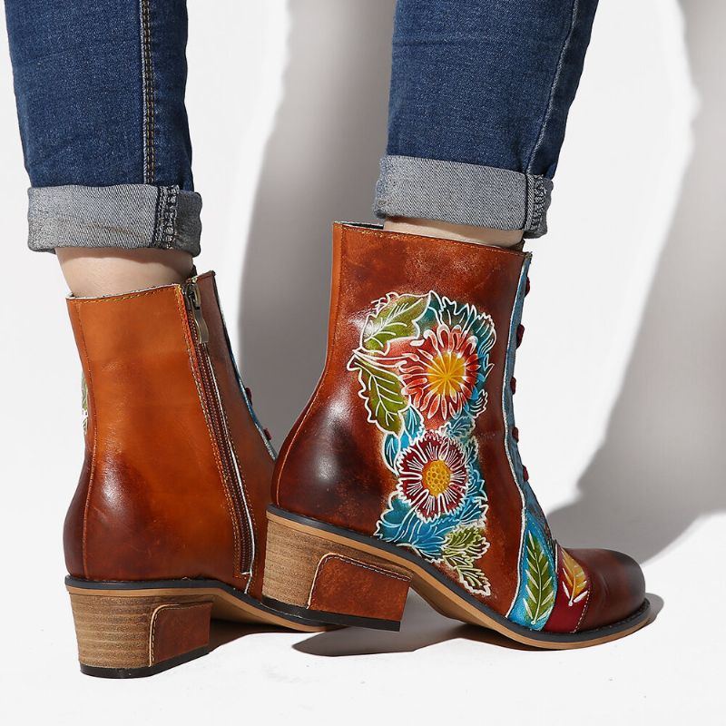 Flache Kurze Stiefel Aus Echtem Leder Mit Retro Blumenmuster Und Geprägten Nähten Für Damen