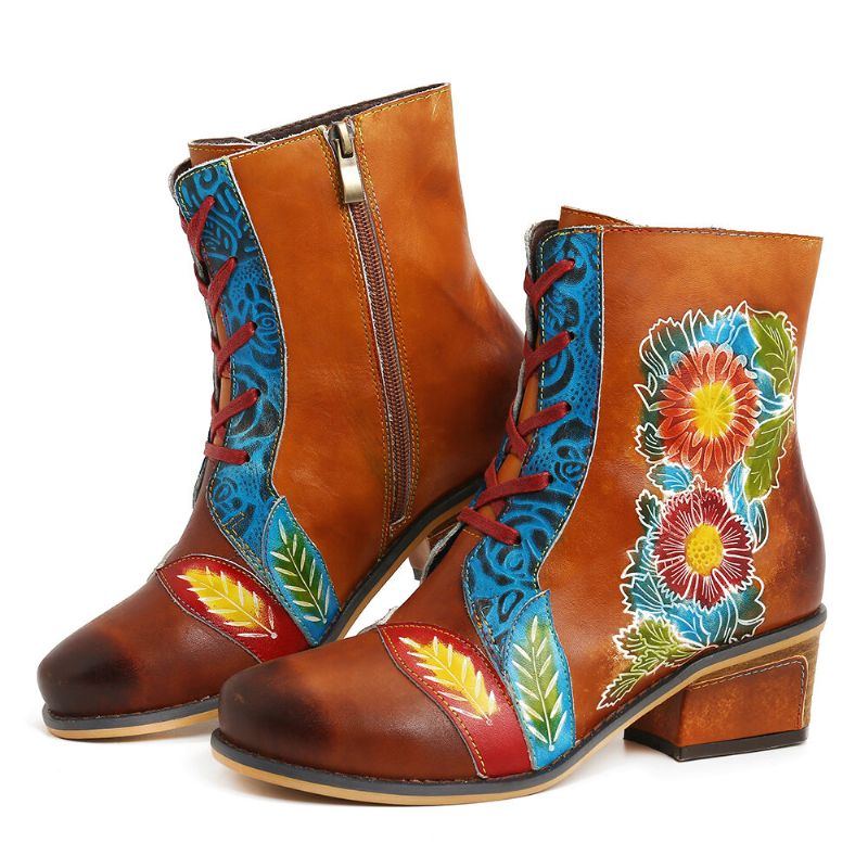 Flache Kurze Stiefel Aus Echtem Leder Mit Retro Blumenmuster Und Geprägten Nähten Für Damen